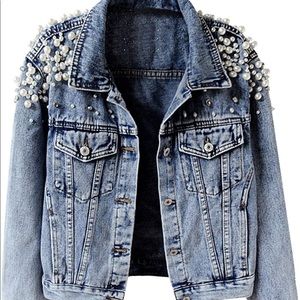 Embellished pearl and rhinestone denim jacket - size small! Brand new with tags!